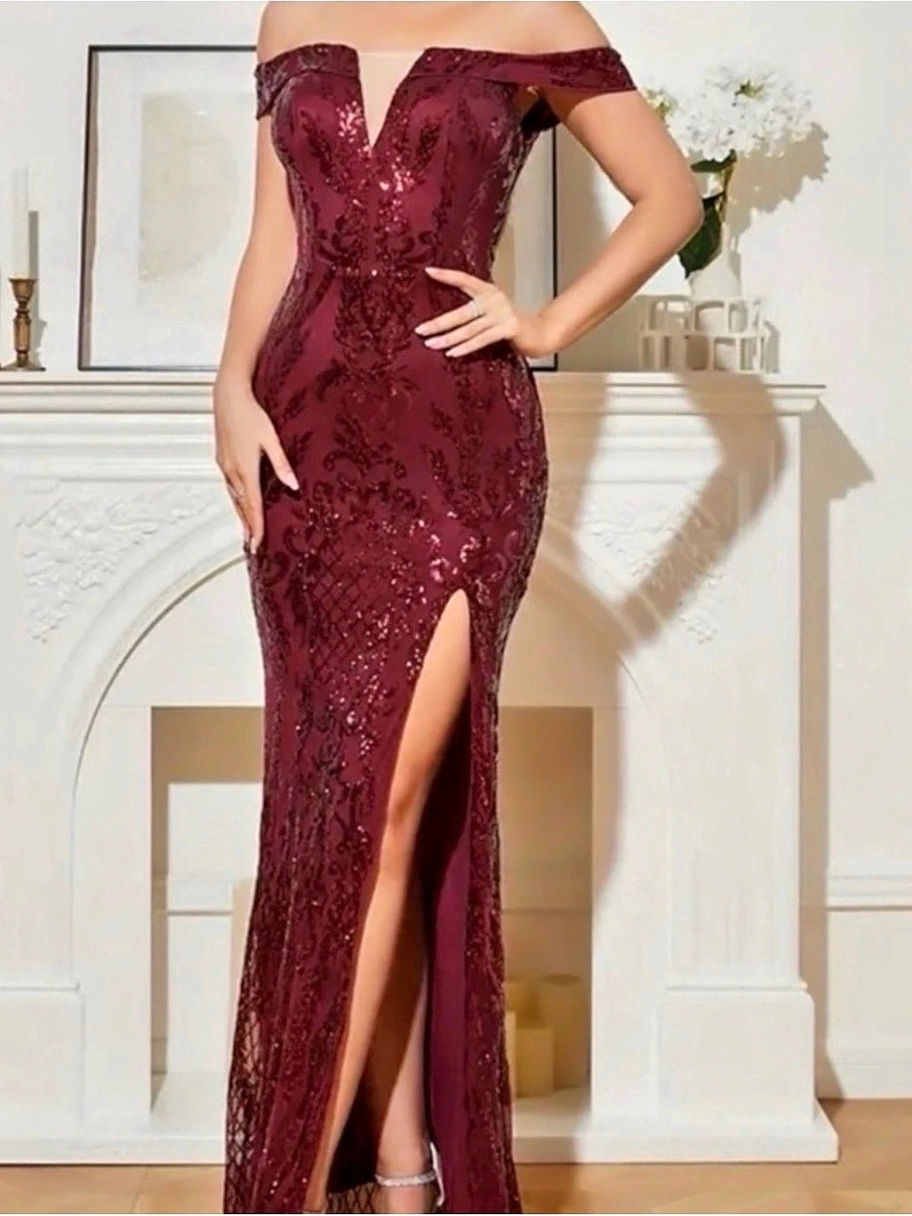 Off Shoulder Split Thigh Sequin Dress Burgundy